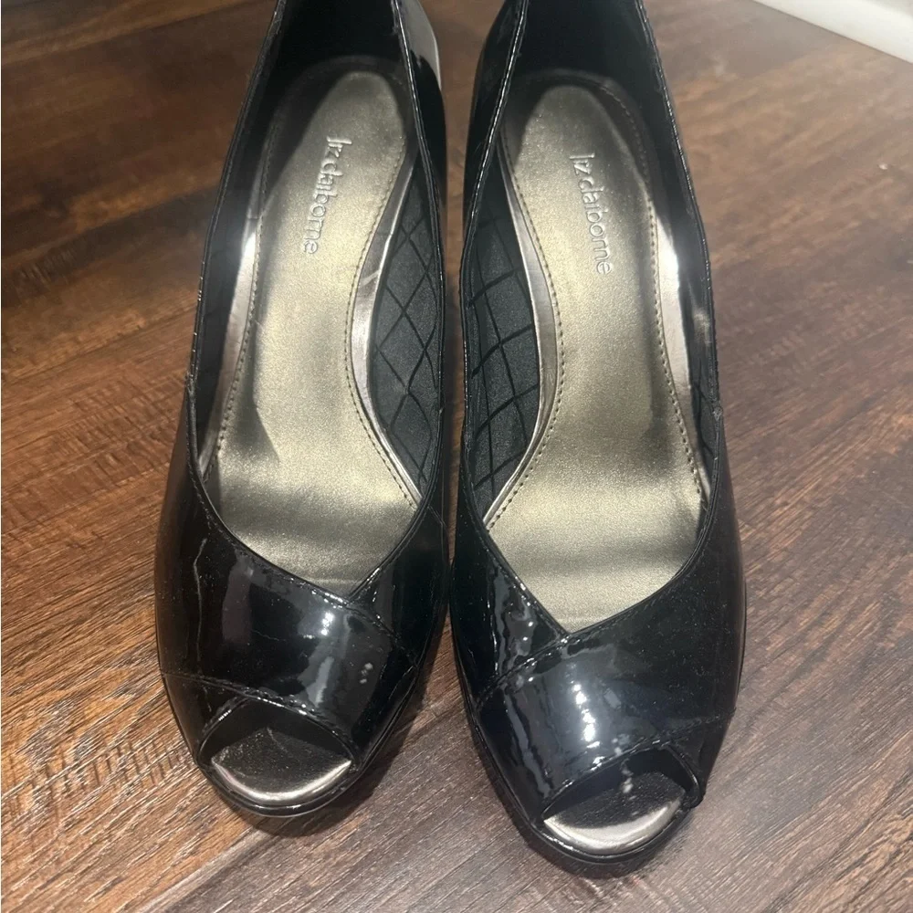 Liz Claiborne Glossy Black Peep-Toe Heels
